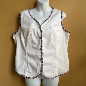 Russ White Snap Button Down Sleeveless Vest Top with Checkered Trim Size 14